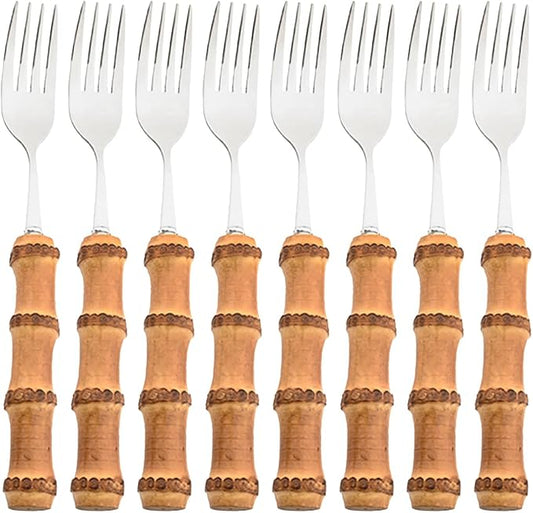 8pcs Dinner Fork, Stainless Steel and Natural Bamboo Cutlery Table Fork, Resuable Mirror Polish, Elegant and Exquisite Salad Fork, 8.07-inch, Silver
