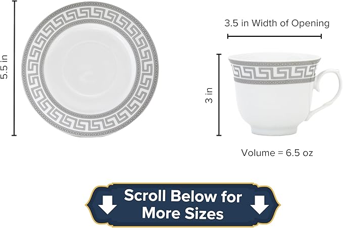 Dinnerware Set for 8-57 Pieces White and Silver Greek Key Design - Vintage Porcelain Plates, Bowls, Cups and Saucers - For Everyday Use and Special Occasions (Meander Silver 2057)