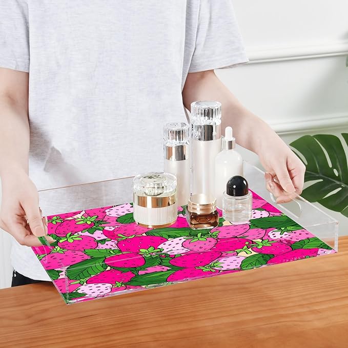 Serving Tray with Handles Clear Acrylic Tray 12x16 Inch Decorative Rectangular Tray Organizer for Ottoman Coffee Table Bathroom Pink Cute Strawberries