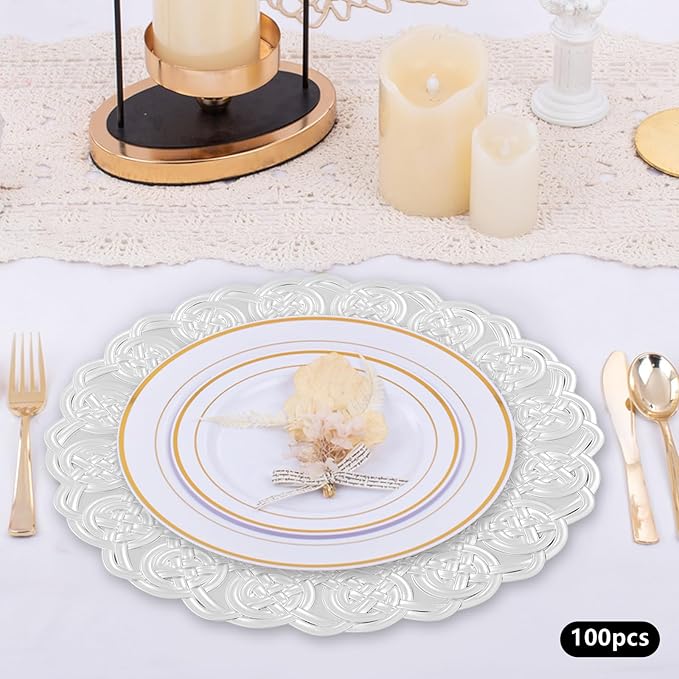 Sliver Plastic Charger Plates Set of 100, 13” Reusable Party Chargers for Dinner Plates, Elegant Round Service Plate Chargers Bulk Decorative for Wedding, Catering Table Decor