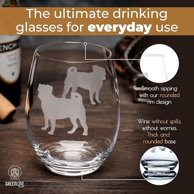 Greenline Goods Pug Stemless Wine Glasses (Set of 2) - Unique Gift for Dog Lovers - Hand Etched with Breed Name on Bottom