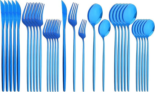30Pcs Blue Simplicity Mirror Finished Cutlery Set, 18/0 Stainless Steel Daily Use Silverware Kitchen Home Restaurant Party Dessert Flatware Set Include Knife/Fork/Spoon, Service For 6