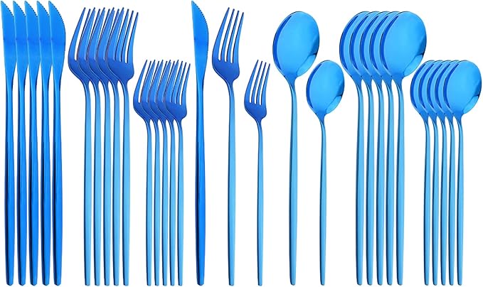 30Pcs Blue Simplicity Mirror Finished Cutlery Set, 18/0 Stainless Steel Daily Use Silverware Kitchen Home Restaurant Party Dessert Flatware Set Include Knife/Fork/Spoon, Service For 6