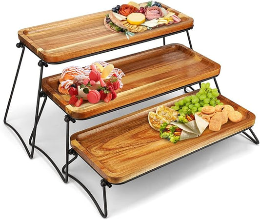 Manspdier 3 Tier Cupcake Stand & Towers Serving Tray for Party, Acacia Wooden Dessert Table Display Set, Decorative Tiered Decor Small Chees Charcuterie Boards Rustic Wood Platters Trays, (A010)