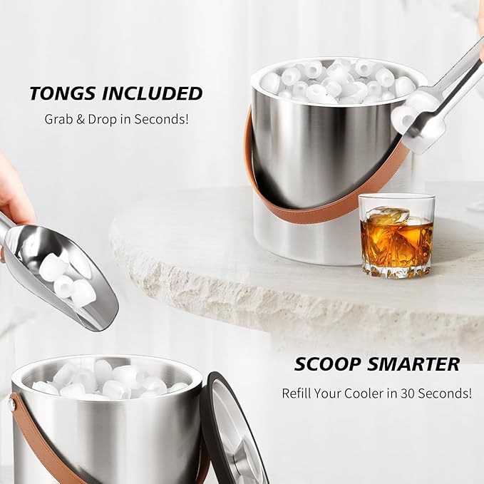 Insulated Ice Bucket with Lid, Scoop, Ice Tongs & Detachable Double-Sided PU Cover– 4L Double-Wall Stainless Steel Ice Buckets for Parties, Cocktail Ba, Champagne & Bar Cart Accessories
