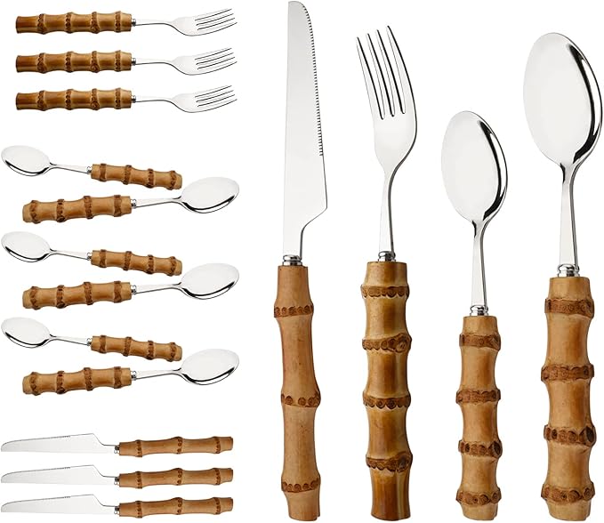 Natural Bamboo Handle Flatware Set, Uniturcky Stainless Steel Silverware Set for 4, Forks, Spoons, Knives Utensils for Daily Use, 16 PCS Bamboo Handle Cutlery Sets, Mirror Finished - Silver