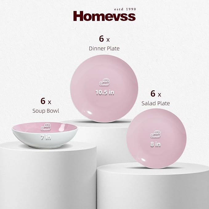 Stoneware Coupe Shape 18pc Dinnerware Set, Outside White + Inside Pink