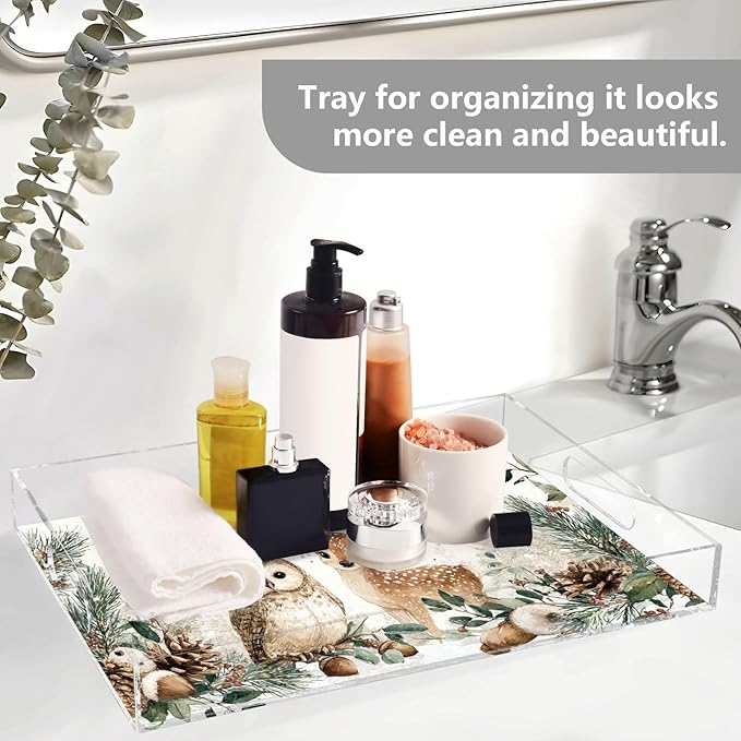 Serving Tray with Handles Clear Acrylic Tray 12x16 Inch Decorative Rectangular Tray Organizer for Ottoman Coffee Table Bathroom White Christmas Deer Owl Pinecorns Leaves