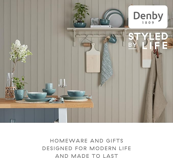 Denby - Elements Fern Green Dinner Set For 1-4 Piece Ceramic Tableware - Dishwasher Microwave Safe Crockery Single Place Setting - 1 x Dinner Plate, 1 x Small Plate, 1 x Cereal Bowl, 1 x Coffee Mug