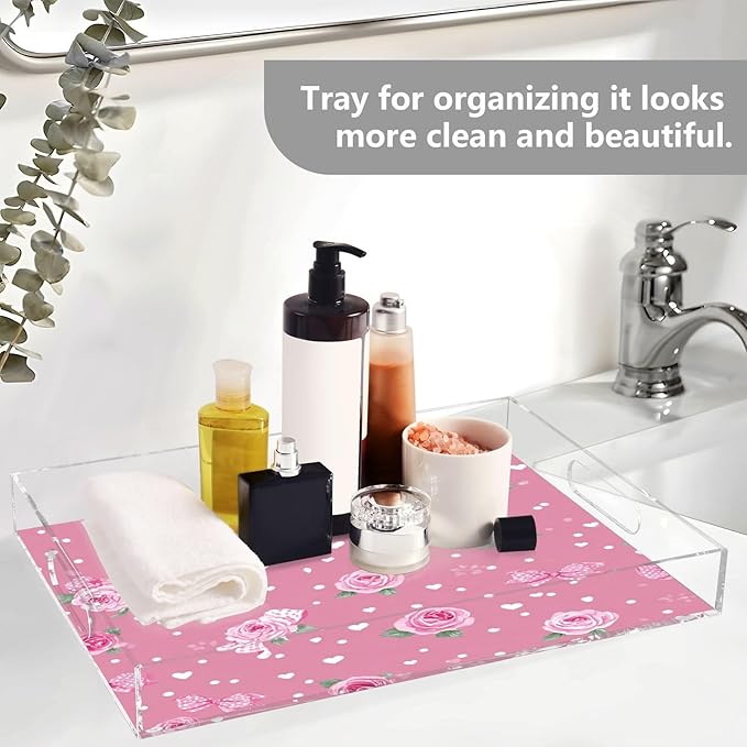 Serving Tray with Handles Clear Acrylic Tray 12x16 Inch Decorative Rectangular Tray Organizer for Ottoman Coffee Table Bathroom Pink Valentine Heart Roses Bows