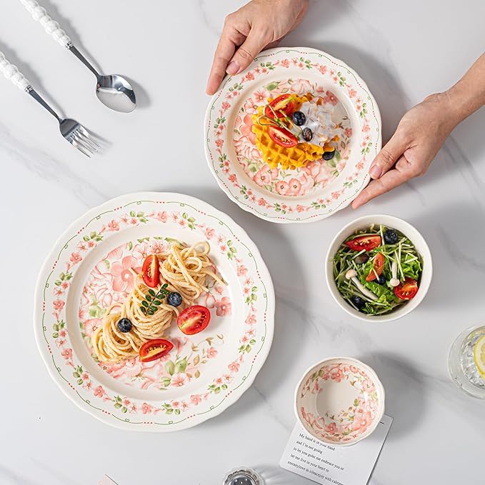 16 Piece Dinnerware Sets for 4， Scratch Resistant,microwave oven and Dishwasher Safe Plates and Bowls Sets Ceramic, Dish Set, Bowl and Plate Set -Pink peach blossom pattern