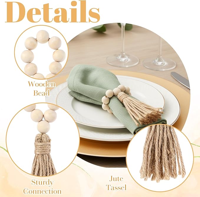 6PCS Napkin Rings, Wooden Bead Napkin Holders for Cloth Napkins, Stretchable Boho Napkins Rings Rustic Twine Rattan Design with Tassel for Farmhouse Thanksgiving Fall Spring Decor