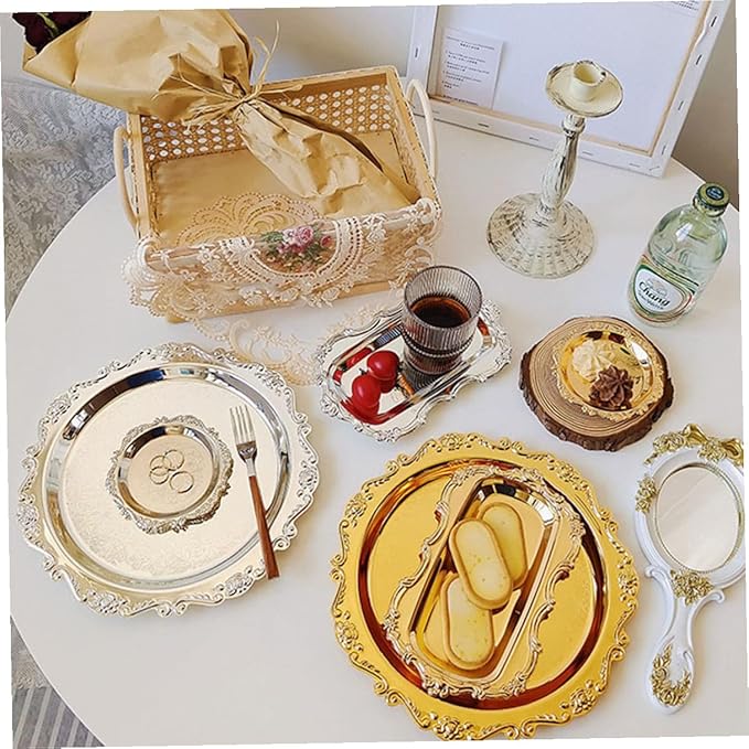 2 Pcs Stainless Steel Serving Trays Silver and Gold Storage Plates for Fruit Dessert Cake Pastry Platters Multipurpose Food Display for Kitchen Party