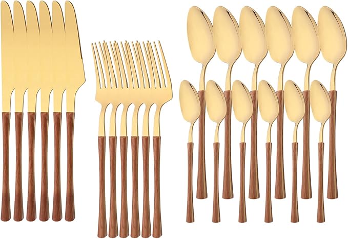 24PCS Faux Wooden Handle Flatware Set For 6 Family Stainless Steel Silverware Set Include Knifes Forks Spoons and Teaspoons Gold Tableware Cutlery Set Eating Utensils for Home Kitchen Restaurant