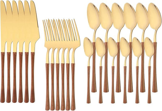 24PCS Faux Wooden Handle Flatware Set For 6 Family Stainless Steel Silverware Set Include Knifes Forks Spoons and Teaspoons Gold Tableware Cutlery Set Eating Utensils for Home Kitchen Restaurant