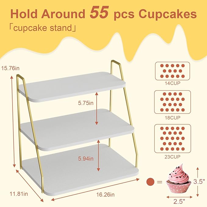 Cupcake Stand, 3-Tier Dessert Stand for 55 Cupcakes, Wood & Metal Tower Display Premium Holder Dessert Tree Tower for Christmas Birthday Weddings Party Decor, Serving Tray (White & Gold)