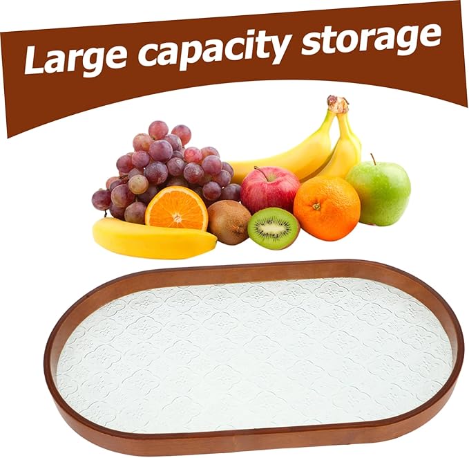 Antique Glass Serving Tray with Wooden Edge Rectangular Fruit and Dessert Platter Portable Snack Tray for Tea Ceremonies and Parties