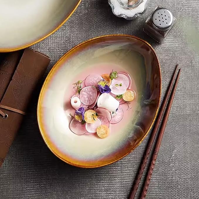 SONGCHAO Party Supplies Creative Kiln Color Changing Plate Home Oval Dish Plate Ceramic Deep Soup Plate Salad Plate Restaurant Plate Party Plates (Color : 8.8inch)