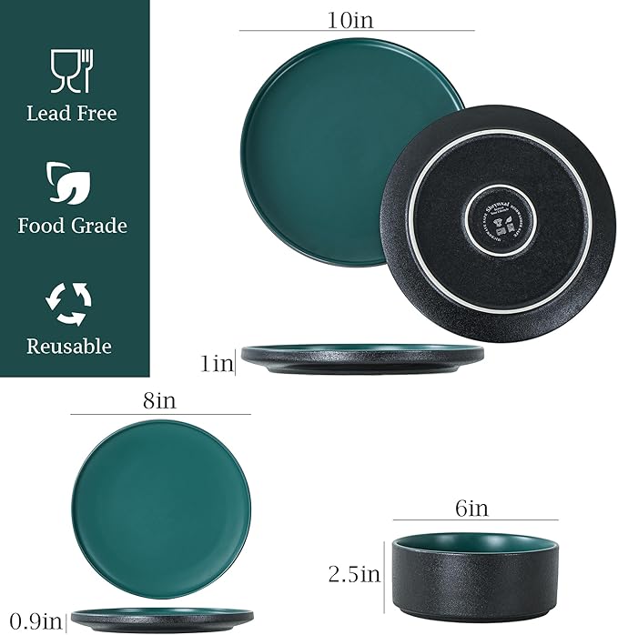 Plates and Bowls Sets, 12 Piece Ceramic Dinnerware Set for Family and Gatherings, Dishes Set for 4, Dishwasher & Microwave Safe, Handcrafted Stoneware Sets, Modern Green