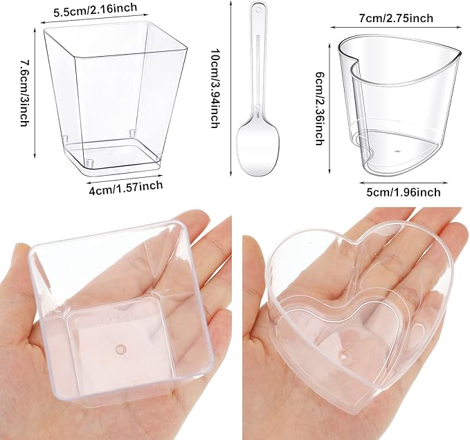 Funtery 300 Pack Mini Dessert Cups with Spoons Bulk Clear Plastic Slanted Round Parfait Appetizer Cup for Desserts Shooters(5oz,Square, Heart)