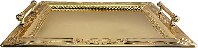(Pack of 2) 18.1 inch x 13.6 inch Rectangular Iron Gold Plated Serving Tray with Handles Floral Engraved Decorative Party Wedding Buffet Wine Candle Decor Platter Plate Base Dish NC-072