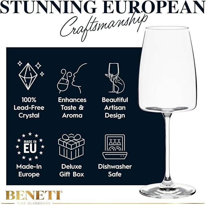 BENETI Luxury Wine Glasses Set of 4 | Handmade In Europe | 14oz Premium Crystal Red & White Long Stem Wine Glasses | Unique Modern Shape, Packaged In Beautiful Ready-to Gift, Gift Box