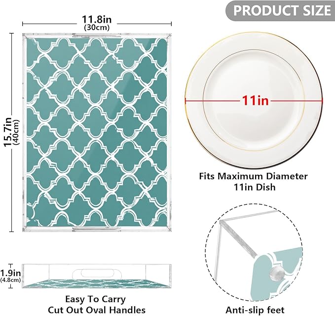 Serving Tray with Handles Clear Acrylic Tray 12x16 Inch Decorative Rectangular Tray Organizer for Ottoman Coffee Table Bathroom Teal Minimalist Quatrefoil
