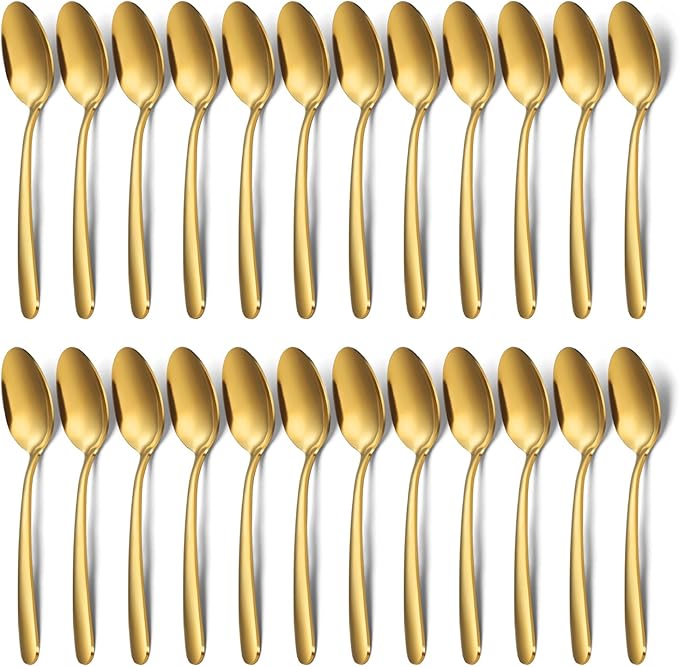 Unokit Dinner Spoons Set 24 Pieces (7.4 inch) - Stainless Steel silverware, Tablespoon, Silverware Spoons for Home, Kitchen or Restaurant - Mirror Polished, Dishwasher Safe - Gold