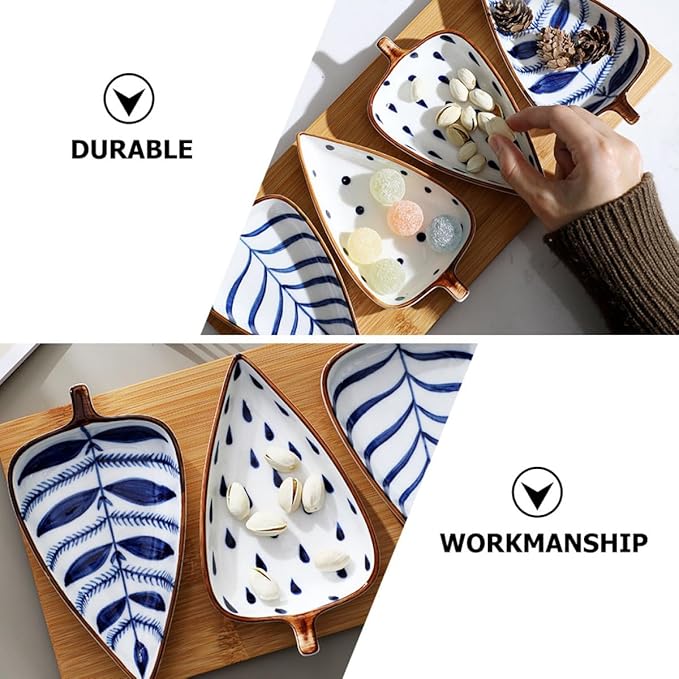 Creative Japanese Style Hand-painted Ceramic Appetizer Plates Set of 3 with Leaf, Water Grass, and Raindrop Designs – Small Serving Dishes for Sauces, Nuts, and Fruit Random Color