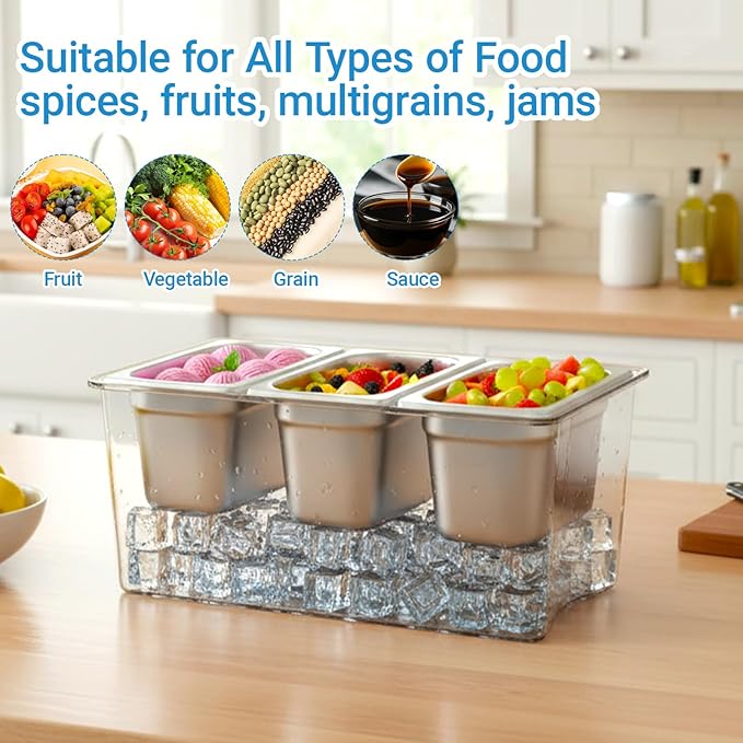 3 Compartments Ice Chilled Condiment Caddy, 30.5 oz Salad Bar Containers Stainless Steel Serving Dish with Lids for Bar, Hummus, Fruit, Salad, Ice Cream Topping, Sauces, Party Supply