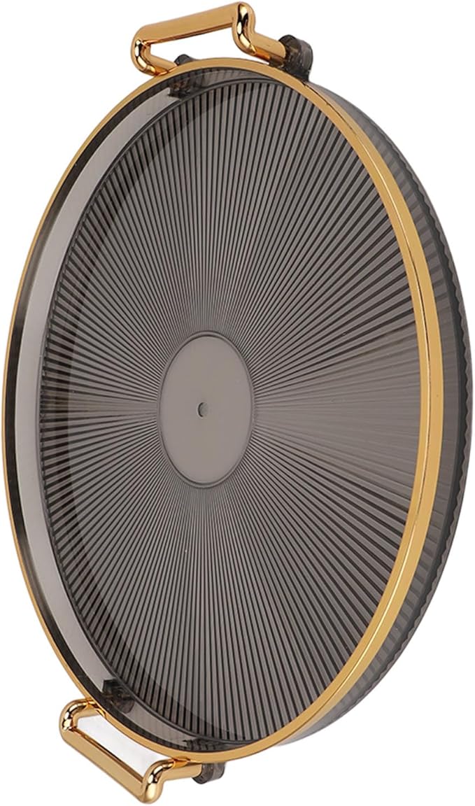 Dioche Elegant Round Serving Tray with Gold Handle and Golden - Multifunctional Display Tray for Fruits, Desserts, Snacks, and Decor (Smoky Gray)