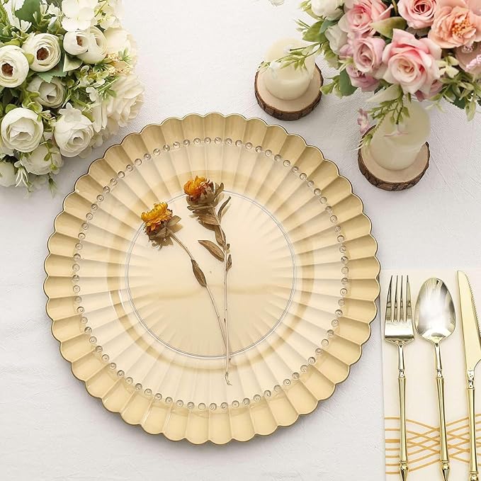Efavormart 6 Pack | 13" Gold Scalloped Shell Pattern Plastic Serving Plates, Round Disposable Charger Plates