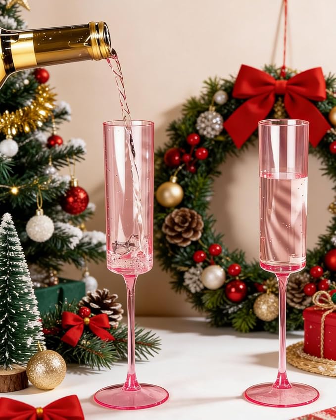 Ciaell 24 Pack Pink Plastic Champagne Flutes - Pink 6 Oz Disposable Champagne Glasses - Square Plastic Toasting Glasses for Party Birthday Anniversary Wedding