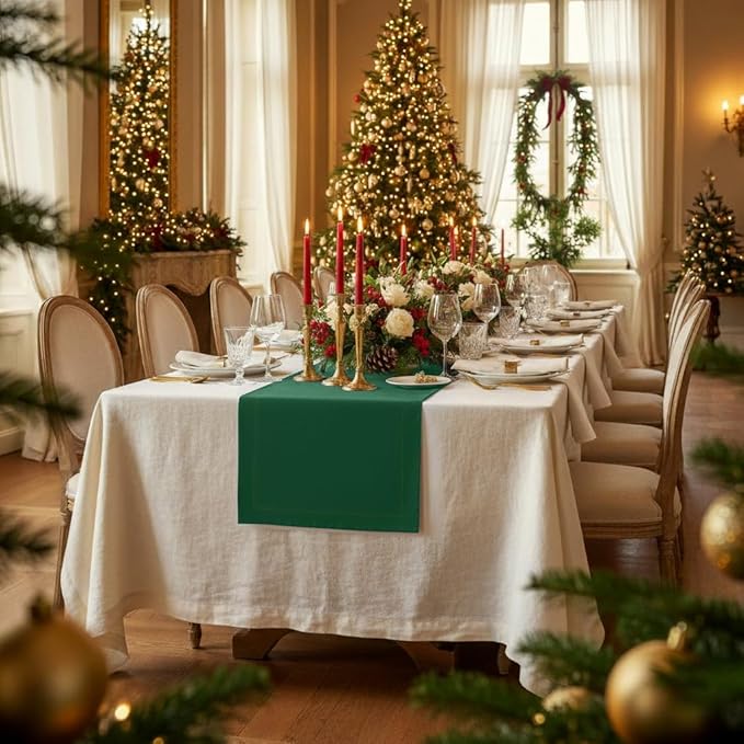 D'Moksha Homes Linen Table Runner 60 Inches - 100% Pure Linen Forest Green Table Runner 14 x 60 Inch for Coffee Tables, Dresser, Winter, Christmas, Holiday, New Year - Machine Washable