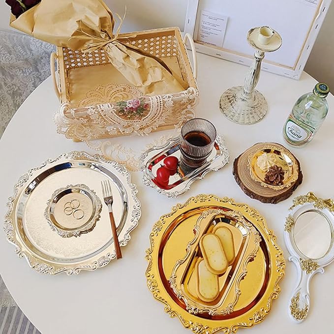 2 Pcs Stainless Steel Food Serving Trays Fruit Plates Dessert Platters Bread Trays Silver and Gold Metal Serving Dishes for Wedding Hotel Party