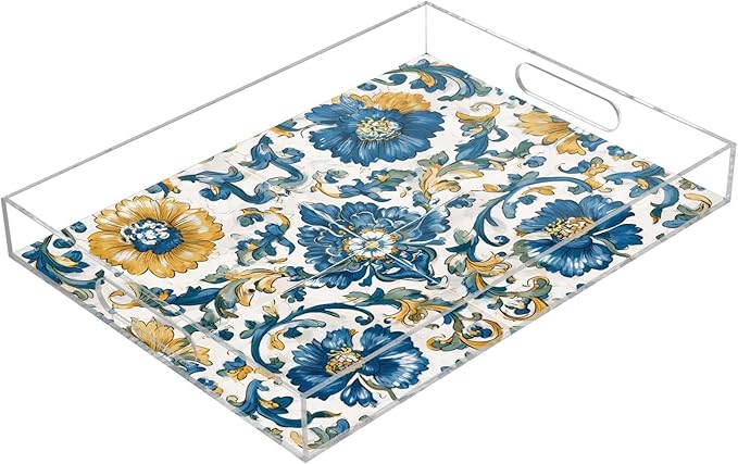 Serving Tray with Handles Clear Acrylic Tray 12x16 Inch Decorative Rectangular Tray Organizer for Ottoman Coffee Table Bathroom Floral Blue and Yellow Tile