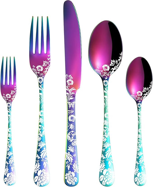 Vilihkc 20 piece Peony Flower Pattern Design Silverware Set, Stainless Steel Flatware Set Service for 4,Colorful Cutlery Set, Mirror Polished Utensil Set for Kitchen, Dishwasher Safe