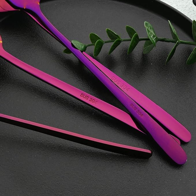30pcs Korean Style Silverware Set Reusable Metal SUS304 Stainless Steel Fork Spoon Set Metal Portable Flatware Set Utensils Dishwasher Safe Mirror - Purple
