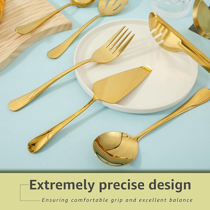 10Pcs Serving Utensils Set Stainless Steel Metal Serving Utensils Metal Serveware Serving Set with Serving Spoons Forks Tongs Slotted Spoon Ladle Pie Server for Buffet Parties (Gold)