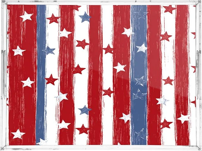Serving Tray with Handles Clear Acrylic Tray 12x16 Inch Decorative Rectangular Tray Organizer for Ottoman Coffee Table Bathroom Red and Blue Stars Independence Day01