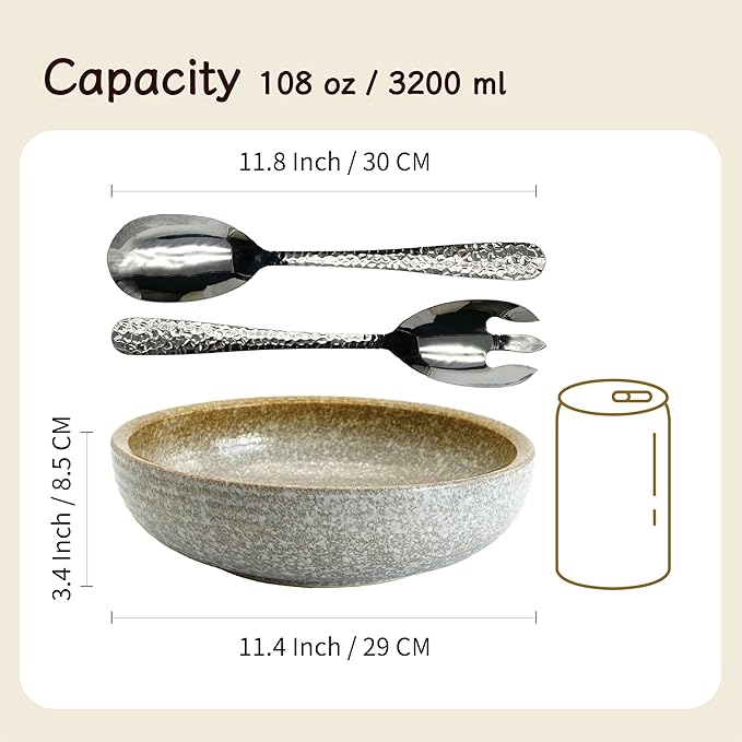 11.5-Inch Large Ceramic Salad Bowl Set – Speckled Stoneware with Stainless Steel Servers, Handcrafted Texture, Dishwasher Safe (Speckled Beige)