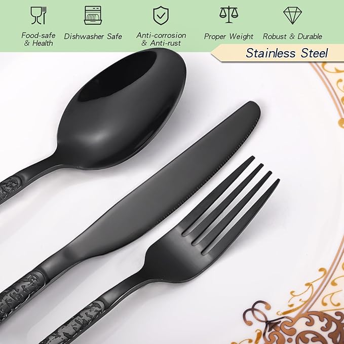 24 Pcs Black Hammered Silverware Set Service for 6,Stone Pattern Vintage Stainless Steel Flatware Set,Cutlery Utensil,Durable Kitchen Eating Tableware Set,Ripple Fork Knife Spoon Set,Dishwasher Safe