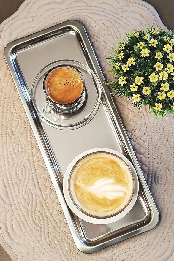 Elegant Stainless Steel Rectangular Serving Tray, Mirror Finish Coffee Tea Platter, Silver, 13 x 5.12 Inch, for Cafe, Home Desserts Long Metal Plate for Café, Home, Gift Bahtroom Tray