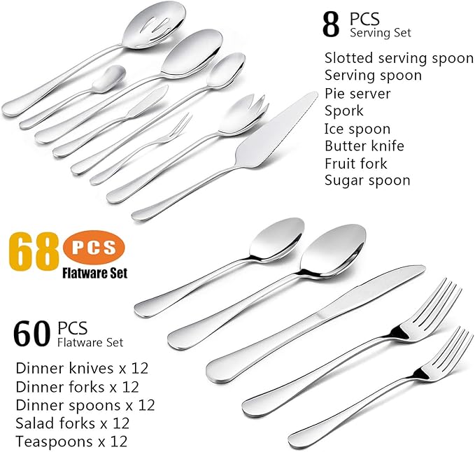 HaWare 68 Pieces Silverware Set with Serving Set, Stainless Steel Modern Flatware Eating Utensils Set, Includes Forks/Spoons/Dinner Knives, Service for 12, Mirror Polished, Dishwasher Safe