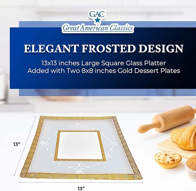 Square Tempered Glass Serving Tray – 13-Inch Decorative Platter with Gold Trim, Durable, Microwave Oven & Dishwasher Safe Food Tray for Serving Dishes, Snacks & Desserts, Ideal Gift for Mothers