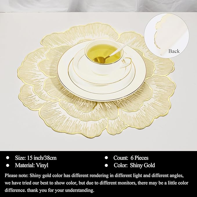 Floral Round Placemats Set of 6 Gold Vinyl Table Mats Heat Resistant Non Slip Place Mats for Dinning Table Setting Christmas Wedding Thanksgiving Party Decoration