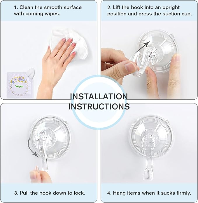 VIS'V Suction Cup Hooks, Small Shower Suction Hooks with Wipes, Heavy Duty, Removable and Reusable, Clear, 2 Pcs