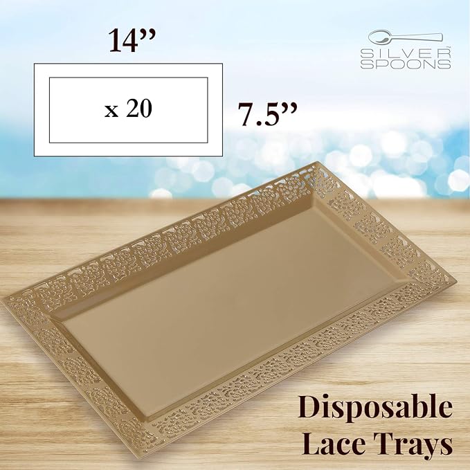 Silver Spoons DISPOSABLE LACE TRAYS | for Upscale Wedding & Dining | 6 pc | Gold | 14' x 7 . 5'