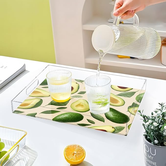 Serving Tray with Handles Clear Acrylic Tray 12x16 Inch Decorative Rectangular Tray Organizer for Ottoman Coffee Table Bathroom Nature Avocados Leaves