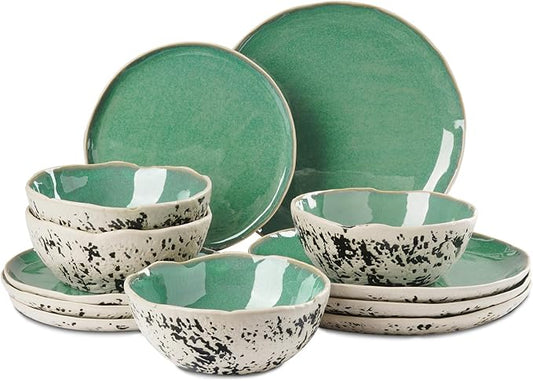 12pcs Dinnerware Set Service for 4, Handmade, Stoneware,Ceramic, Dish Set, Plates and Bowls set, Dinner Set, Reactive Glazed, Microwave and Dishwasher Safe (GREEN)